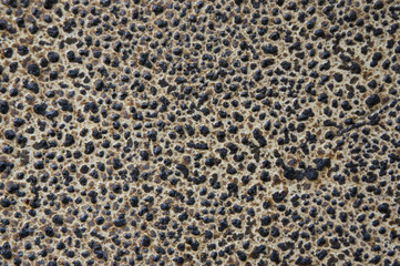  black convex rough drops of dried resin on a light background
