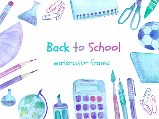 Back to school watercolor banner with colorful school supplies