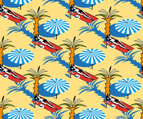 Beautiful woman tanning, with sunglasses, hat, at the beach, retro style. Hello Summer, holiday concept. Pop art. Summer holiday. Vector seamless pattern illustration