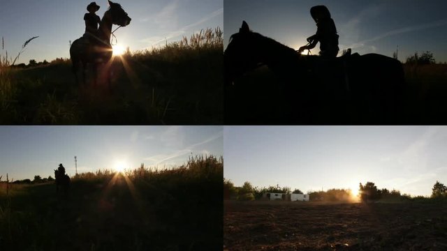 4 in 1: Silhouette of a person riding a horse across a field at sunset
