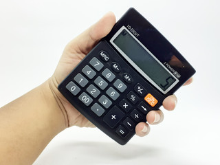 Black Commercial Calculator with Solar Battery Power in White Isolated Background