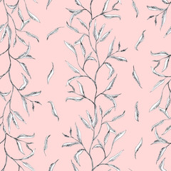 Branch with little leaves, floral hand drawn - seamless pattern on pink background