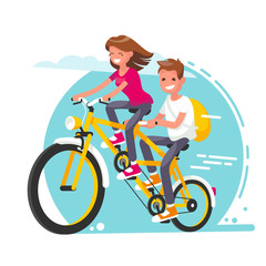 Fototapeta premium A young couple on an unusual tandem bicycle makes a tour of nature and life