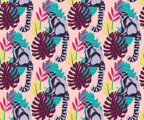 Fototapeta premium Tropical wildlife seamless pattern. Madagascar animals, flowers vector pattern