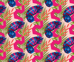 Tropical wildlife, chameleon seamless pattern. Hand Drawn jungle nature, flowers illustration. Print for textile, cloth, wallpaper, scrapbookingAbstract_071