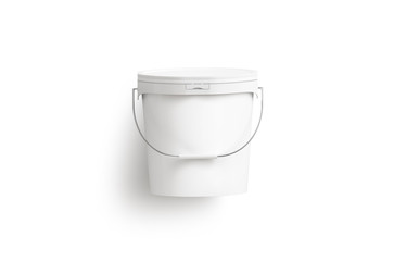Blank white paint bucket with handle mockup isolated, top view. 3d rendering. Sealed practica pail model mock up. Empty plastic tank. Storage container for gardening. Painting bucketful. © Alexandr Bognat