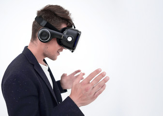 side view.modern businessman in a virtual reality helmet.