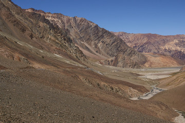 Fototapeta na wymiar Manali to Leh mountain highway in India. Winding road running through barren snow peaked mountains.