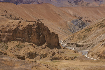 Arid mountain scenery along the route of the high altitude road between Manali and Leh in Ladakh, India