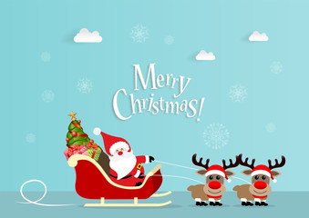 Merry Christmas and happy new year with cute Santa Claus and Reindeer go to give gifts to children.  Holidays cartoon character vector.