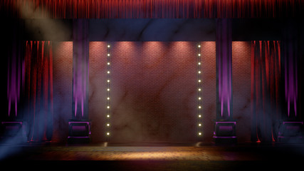 Dark empty stage with spot lights. Comedy, Standup, cabaret, night club stage 3d render - obrazy, fototapety, plakaty