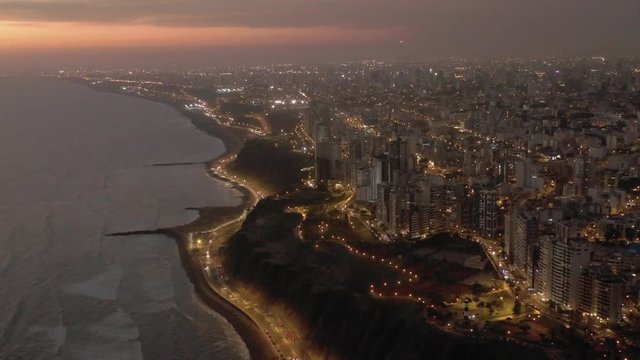 Right Travel and Pan aerial view of Miraflores, peru at Sunset