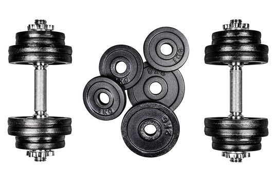 Gym Dumbbells With Black Metal Weights 1kg And 2kg, Isolated On White Background With Clipping Path. Top View, Flat Lay. Can Be Used As A Gym Background.