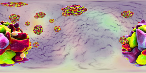 Polioviruses, 360 degree VR spherical panorama view. An RNA virus from Picornaviridae family that causes polio disease, 3D illustration