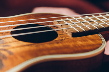 Ukulele closeup. Pink and bright background.