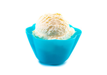 A Scoop of Vanilla Ice Cream in a Plastic Blue Bowl