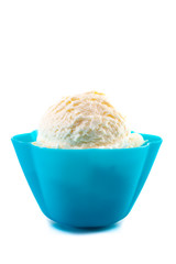 A Scoop of Vanilla Ice Cream in a Plastic Blue Bowl