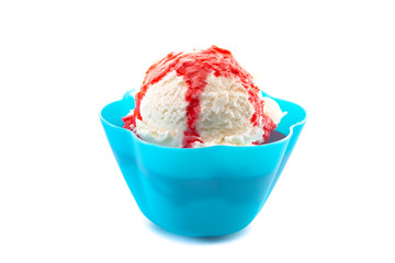 A Simple Vanilla Sundae with Strawberry Sauce Isolated on a White Background