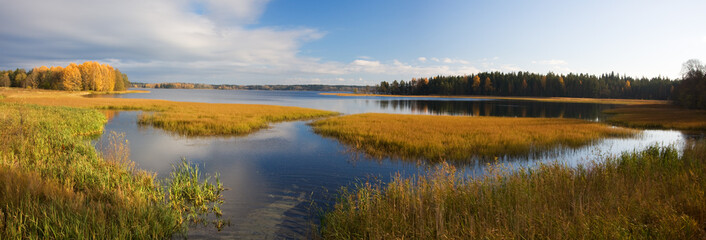 Fototapeta premium autumn landscape with lake and blue sky