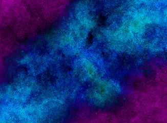 Aquarelle vivid ink textured blue, pink and purple color canvas for modern design. Smeared abstract cosmic bright vintage dark watercolour illustration. Neon watercolor on black paper background