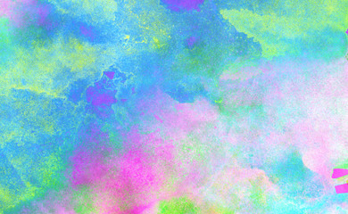 Modern fantasy colorful aquarelle paper textured ink effect grungy wet pastel illustration for design. Creative blue, purple and pink shades watercolor background for vintage card, retro template