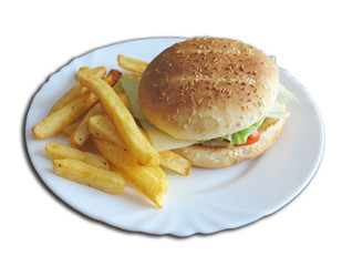 Delicious child hamburger with ham, cheese, salad and tomato