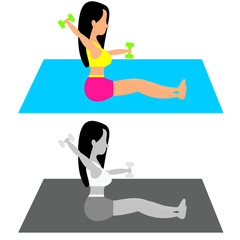 Beautiful of young girl doing exercises in the gym. Fit women doing exercises for stomach tightening with weights. Full of color and grayscale flat vector illustration.