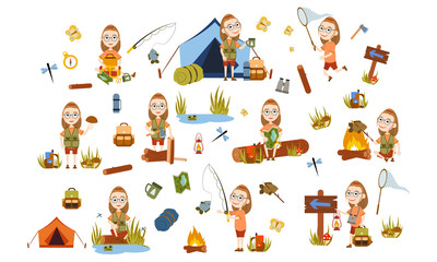 Set girl with glasses tourist on nature. Camping. Fishing, overnight, picking mushrooms, fun and relaxation. Children's camp. Scouts. Cute Vector Illustration