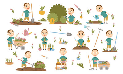 Set a boy with a short haircut gardening plants, weed beds, watering seedlings, pruning bushes and trees. People and garden tools. Vector illustration