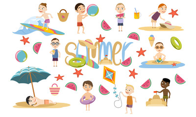 Set boy of different races in summer clothes and swimsuits in the summer. Beach relax, games and surfing. Vector illustration
