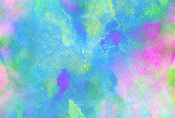 Modern fantasy colorful aquarelle paper textured ink effect grungy wet pastel illustration for design. Creative blue, purple and pink shades watercolor background for vintage card, retro template