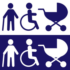 Blue stikers and white stickers this a person in a wheelchair, man with a disability and elderly on crutches, baby stroller, vector icons.