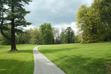 Stone pathway in a garden park, spring season