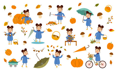 Fototapeta premium Set of girl with hair bundles in an autumn jacket plays with leaves, launches a paper boat, rides a bicycle, carries pumpkins and has fun in the fall. Cute Vector Illustration