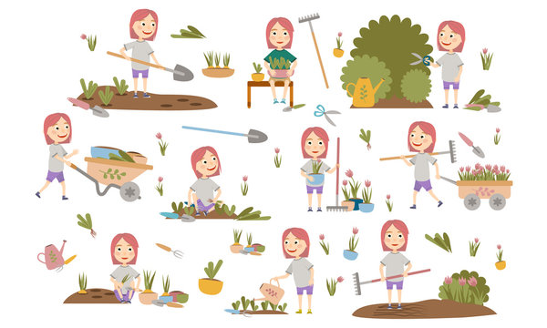 Set fashionable girl with pink hair gardening plants, weed beds, watering seedlings, pruning bushes and trees, working in the garden. People and garden tools. Vector illustration