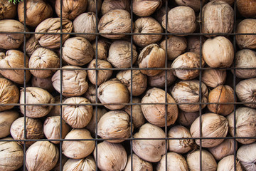 The walls are made pile of dried brown coconut stack with partition steel grating.