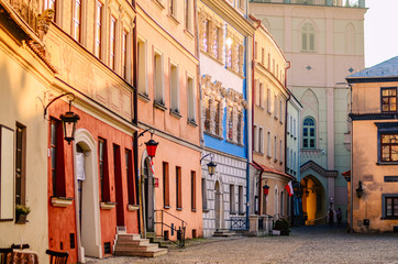 Slanted colorful houses in the old town in Lublin, Poland - obrazy, fototapety, plakaty