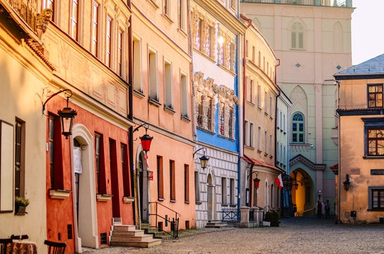 Slanted colorful houses in the old town in Lublin, Poland © Chernobrovin