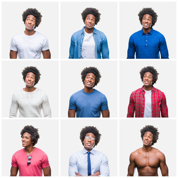 Collage of young african american man over isolated background smiling looking side and staring away thinking.