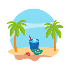 summer beach with palms and water bucket scene