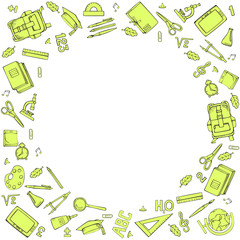 Round frame of school supplies. Vector black and white illustration. Linear doodles isolated on white background.