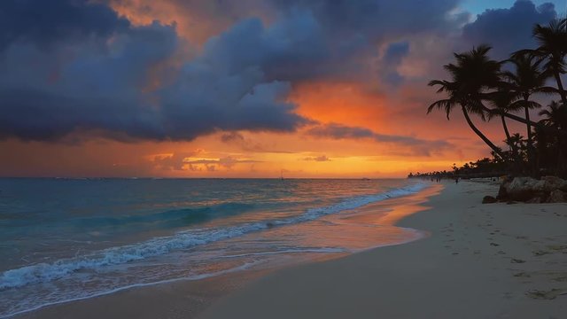 Sunrise over tropical island beach and palm trees. Exotic Punta Cana resort, Dominican Republic