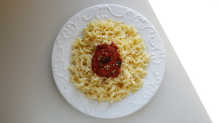 Italian Pasta with Tomato Souce on Plate