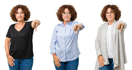 Collage of middle age senior woman over white isolated background looking unhappy and angry showing rejection and negative with thumbs down gesture. Bad expression.