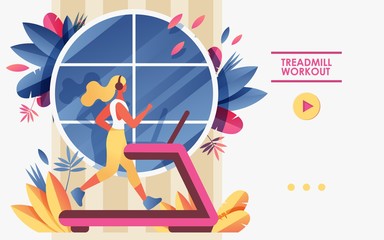 Vector concept banner template or landing page for gym or treadmill advertising web site. Young woman running in front of window and greenery, drawn with soft gradients and bright colors