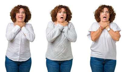 Collage of middle age senior business woman wearing white t-shirt over white isolated background shouting and suffocate because painful strangle. Health problem. Asphyxiate and suicide concept.