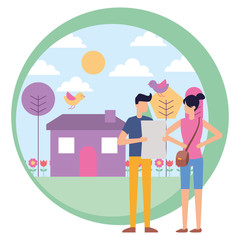 man with document and woman with bag outdoors