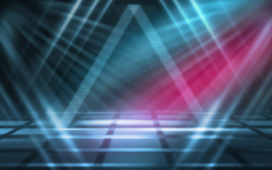 Empty background scene. Dark street reflection on wet asphalt. Rays of neon light in the dark, neon figures, smoke. Background of empty stage show. Abstract dark background.