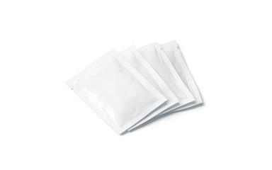 Blank white sachet packets stack mock up, isolated, side view, 3d rendering. Empty package bundle mock-up for tea, coffee, sugar. Clear bunch of wrapped medication and cosmetics.