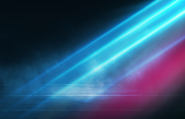 Empty background scene. Dark street reflection on wet asphalt. Rays of neon light in the dark, neon figures, smoke. Background of empty stage show. Abstract dark background.